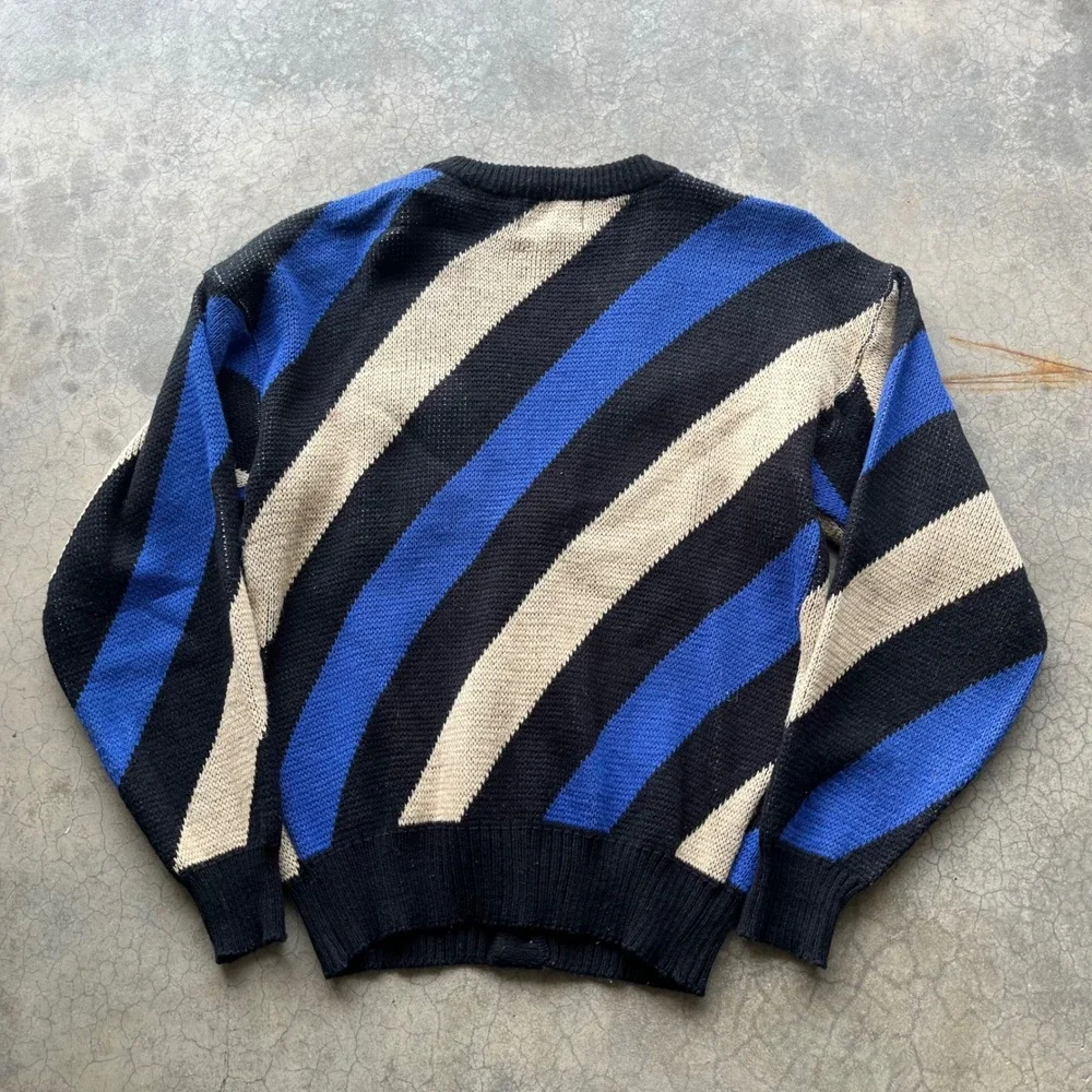 Vintage Weeds Mens Large Diagonal Stripe Cardigan Sweater Blue Black Cream Knit